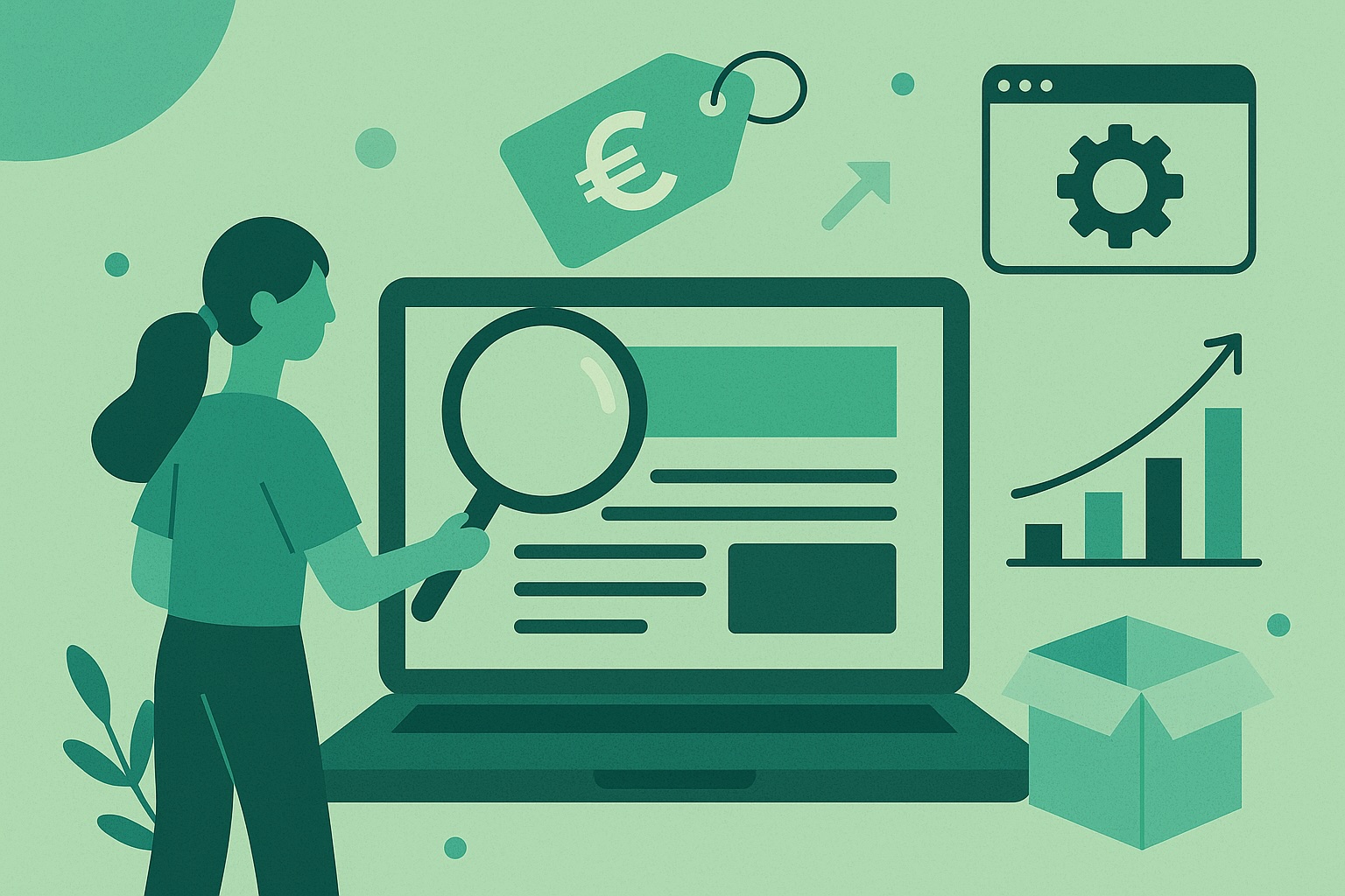 Illustration einer Frau am Laptop in einem modernen Home-Office, die sich mit dem Thema „Was kostet eine Webseite 2025?“ beschäftigt.