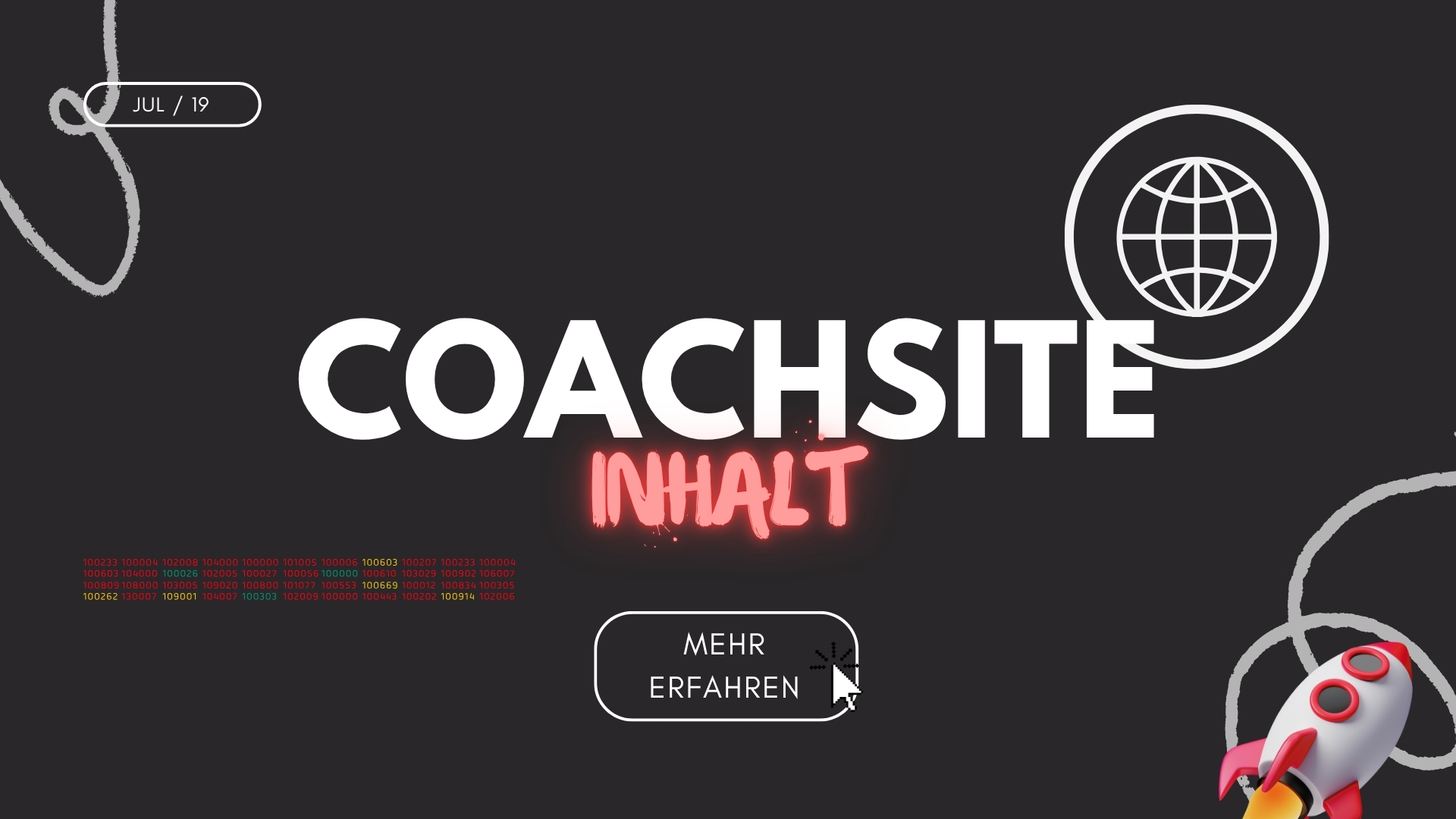 Seiten für eine Coachingwebsite: Ein dunkelgraues Banner mit dem prominenten Titel 'WEBSITE INHALT' in Weiß und Pink, umgeben von verschiedenen Web-Layout-Elementen wie Spalten, Bildern und Textblöcken, die den Aufbau einer Webseite symbolisieren. Das Datum 'JUL / 05' ist oben links zu sehen, und ein 'MEHR ERFAHREN'-Button mit einem Mauszeiger befindet sich in der unteren Mitte. Das Bild veranschaulicht visuell die Struktur und die wesentlichen Seiten für eine Coachingwebsite.