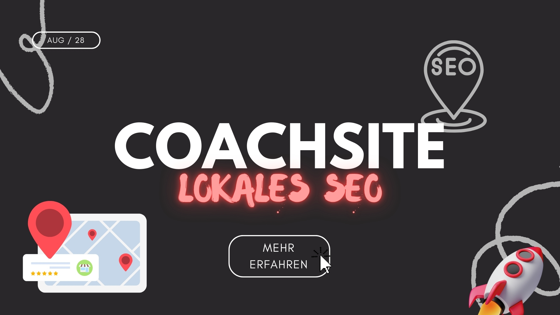 Lokales SEO für Coaches – Titelbild mit Schriftzug “Coachsite Lokales SEO”, Karte mit Standort-Pins, SEO-Symbol und Rakete für Wachstum.