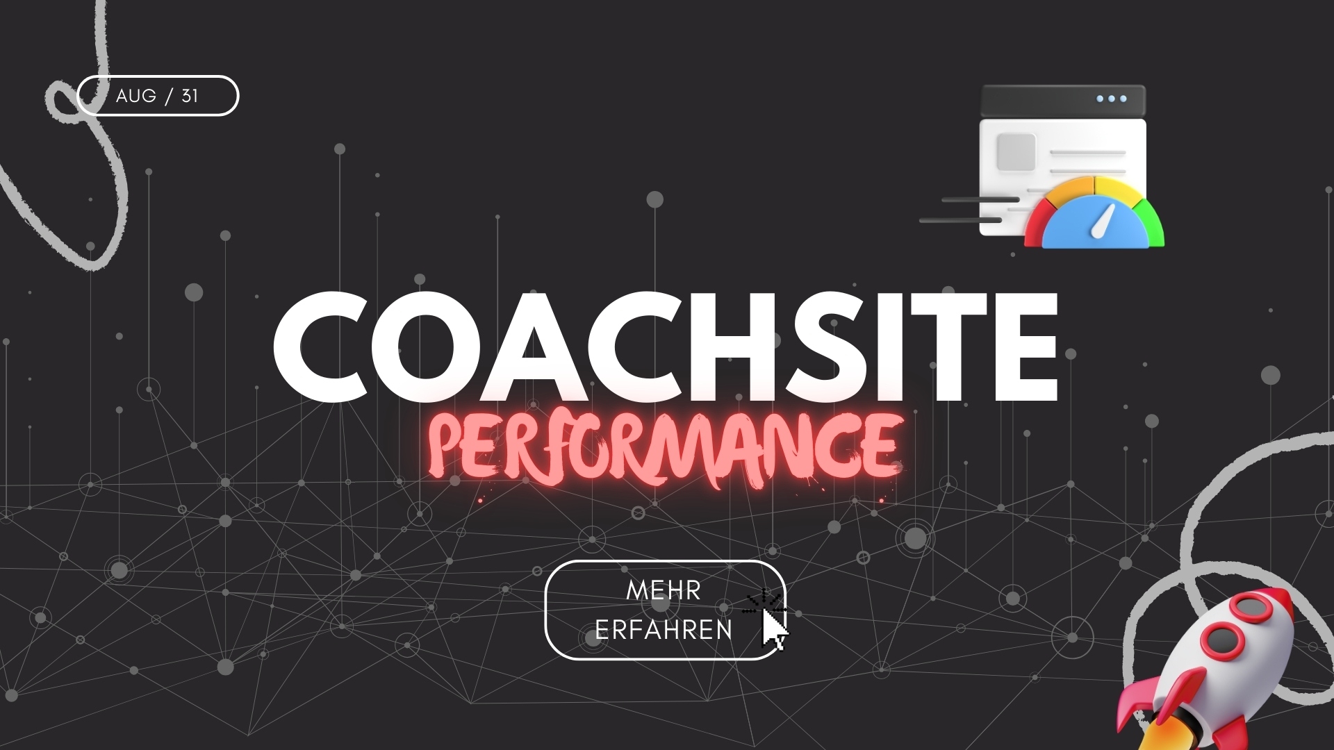 BLOGwebilia-page-speed-performance Page Speed und Performance – Titelbild mit Schriftzug “Coachsite Performance”, Geschwindigkeitsanzeige, Netzwerk-Grafik und Rakete als Symbol für Wachstum.