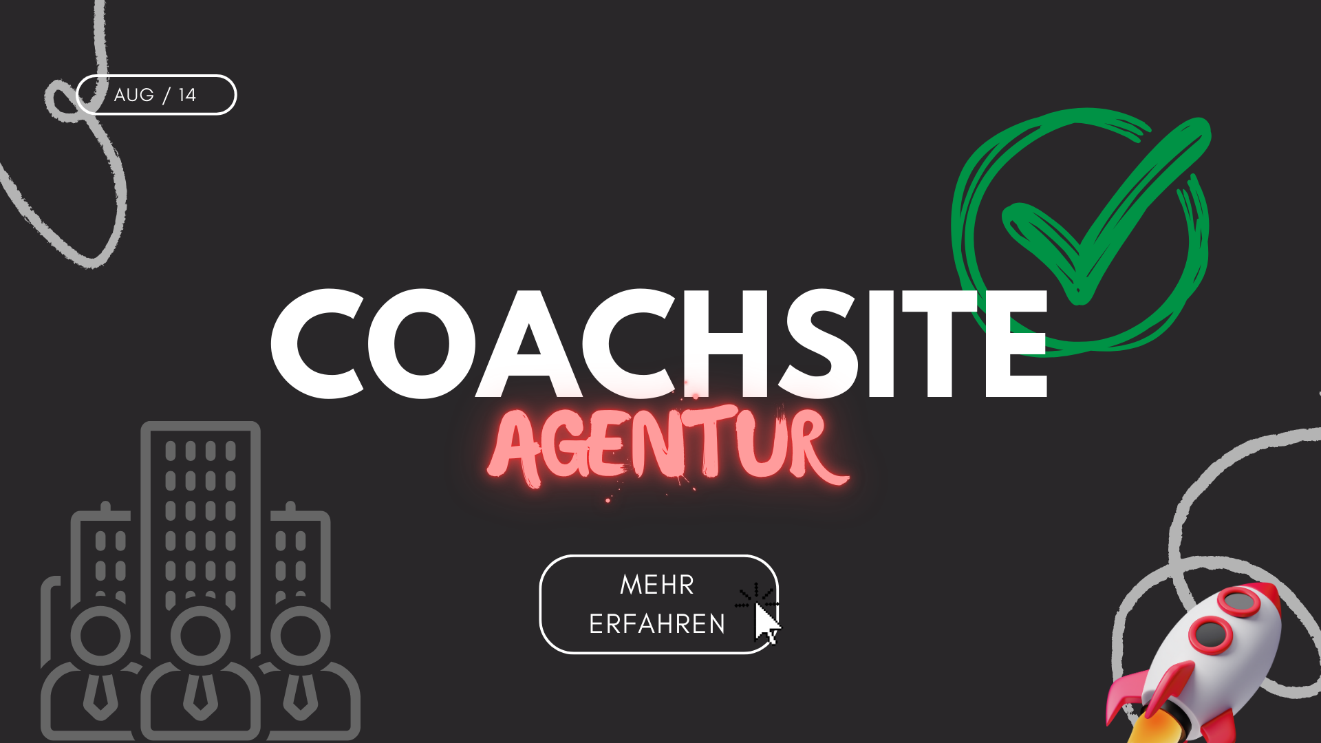 richitge-agentur-finden-webilia Grafik mit dem zentralen Schriftzug "Coachsite Agentur". Darum herum sind Symbole für ein erfolgreiches Business: Ein grüner Haken, eine startende Rakete, ein Gebäude-Icon und ein "Mehr Erfahren"-Button.