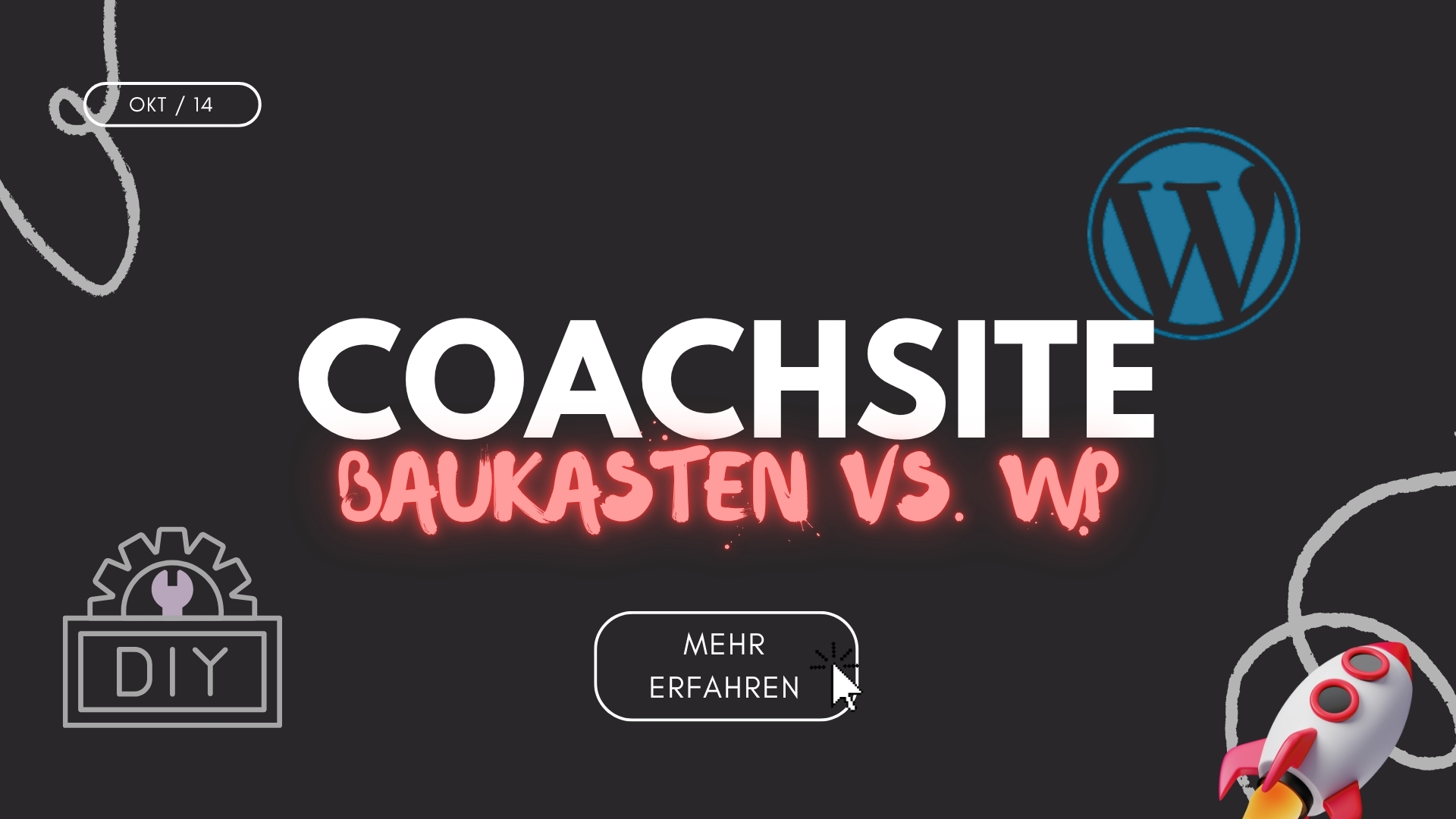 Grafik zum Thema Website-Baukasten vs. WordPress für Coaches: Dunkler Hintergrund mit dem Schriftzug „COACHSITE BAUKASTEN VS. WP“ in Weiß und leuchtendem Rot. Links unten ein Zahnrad mit „DIY“, rechts oben das WordPress-Logo und unten rechts eine Rakete.