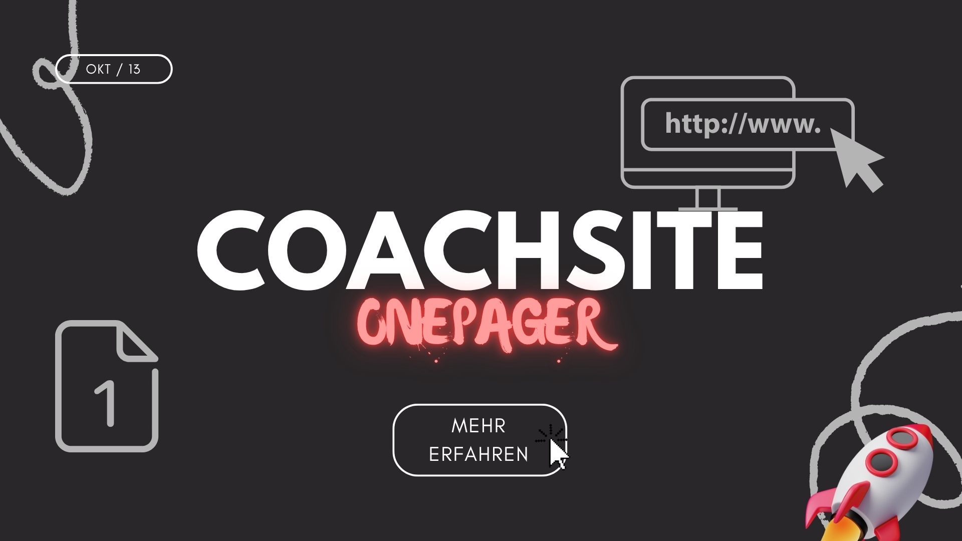 Grafik zum Thema Onepager oder umfassende Website für Coaches: Dunkler Hintergrund mit dem Schriftzug „COACHSITE ONEPAGER“ in Weiß und leuchtendem Rot. Links ist ein Symbol mit einer „1“-Seite, rechts oben ein Browser-Symbol mit „http://www“, unten rechts eine Rakete und ein Button mit „Mehr erfahren“.