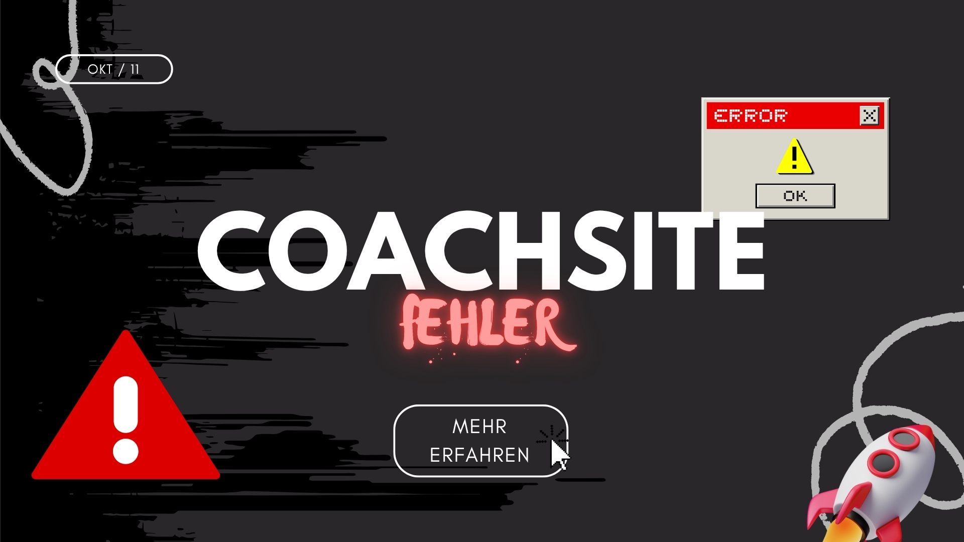 Grafik zum Thema Website-Pflege & Updates für Coaches: Dunkler Hintergrund mit dem Schriftzug „COACHSITE PFLEGE & UPDATES“ in Weiß und leuchtendem Rot. Links ist ein rotes „Update“-Schild zu sehen, rechts unten eine Rakete und oben rechts ein roter Lautsprecher.
